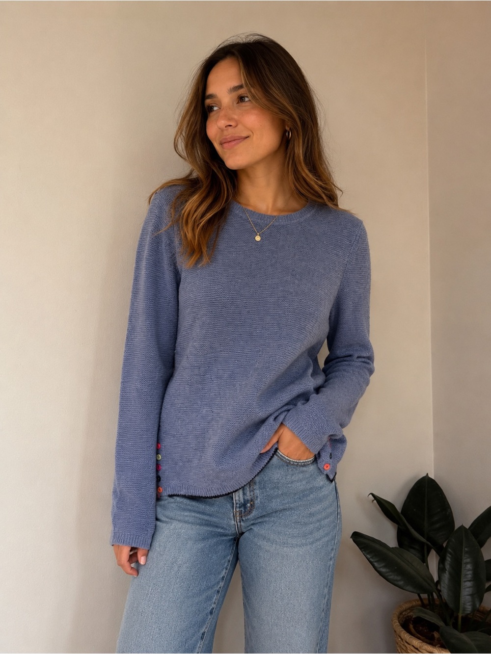 Tabitha Webb Blue Lambswool Blend Sweater Size M Colorful Side Buttons